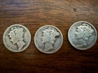 Lot of 3 90% Silver Mercury Dimes 10C (1916-1945) Circulated