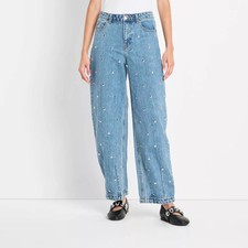 Women's Mid-Rise Studded Barrel Leg Jeans - Future Collective