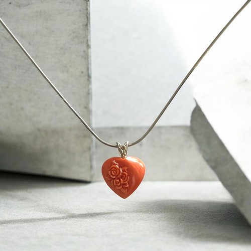 Carved Roses Coral Heart Square Snake Link Sterling Silver Necklace