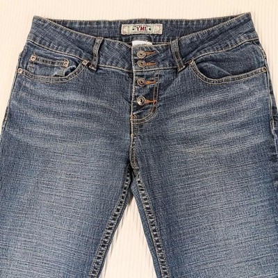 YMI Jeans Womens 9 Blue Flare Stretch Button Fly Distressed Raw Hem Retro Denim