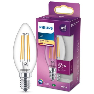 Philips LED Filament Leuchtmittel Kerze 6,5W = 60W E14 klar 806lm warmweiß 2700K