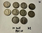 1964 Kennedy, Barbers, Walking Liberty’s Half Dollar Lot of 10 Coins Silver (K1)