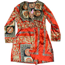 PrettyLittleThing Red Baroque Satin Blouse Women’s 12 Belted Gold Print Top NWT