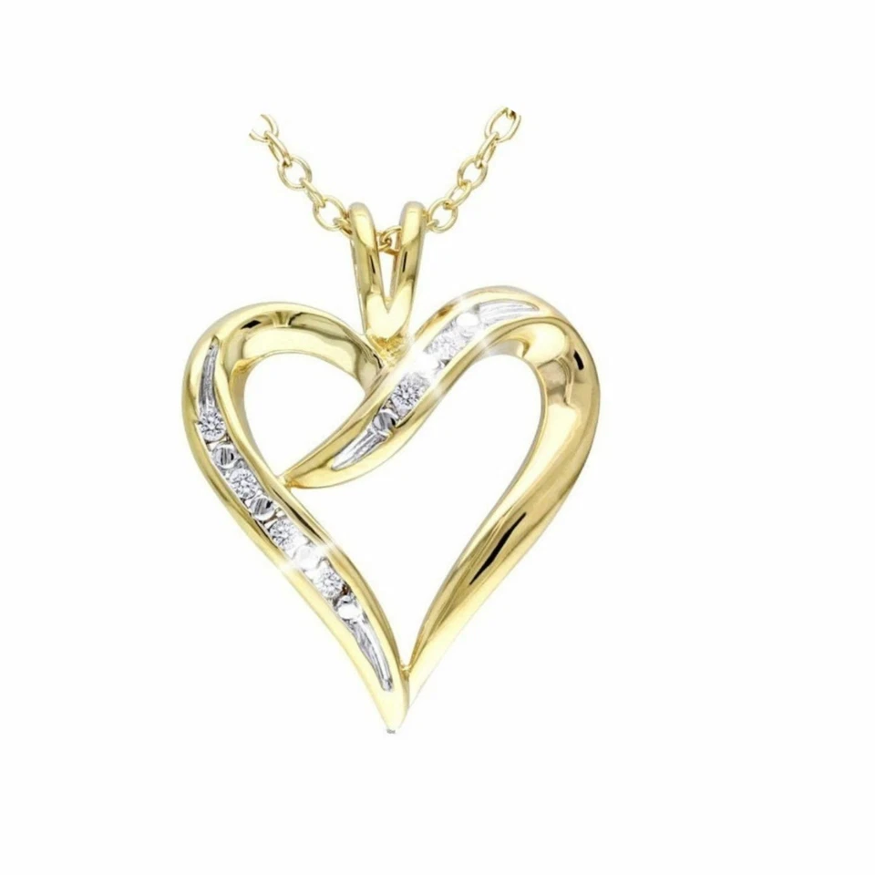 Collar colgante de corazón abierto de 6 pequeños diamantes de oro amarillo de 14 k sobre 925 SS  Foto 2 de 4