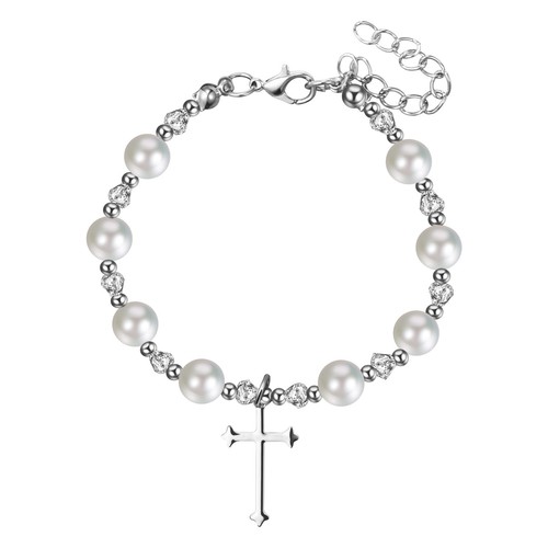 Virgin Mary Rosary Bead Cross Chain Simulated Pearl Beaded Bracelet for Women - Picture 31 of 56