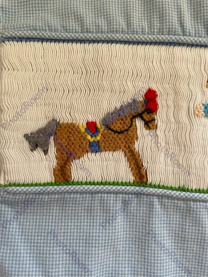 Mom & Me Blue Gingham Smocked Embroidered Circus Short Lined Coverall-12 Mos — 第 3/4 张图片