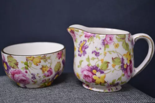 Vintage Chintz Old Foley James Kent Rapture Mini Cream & Sugar Farm Cottage Core
