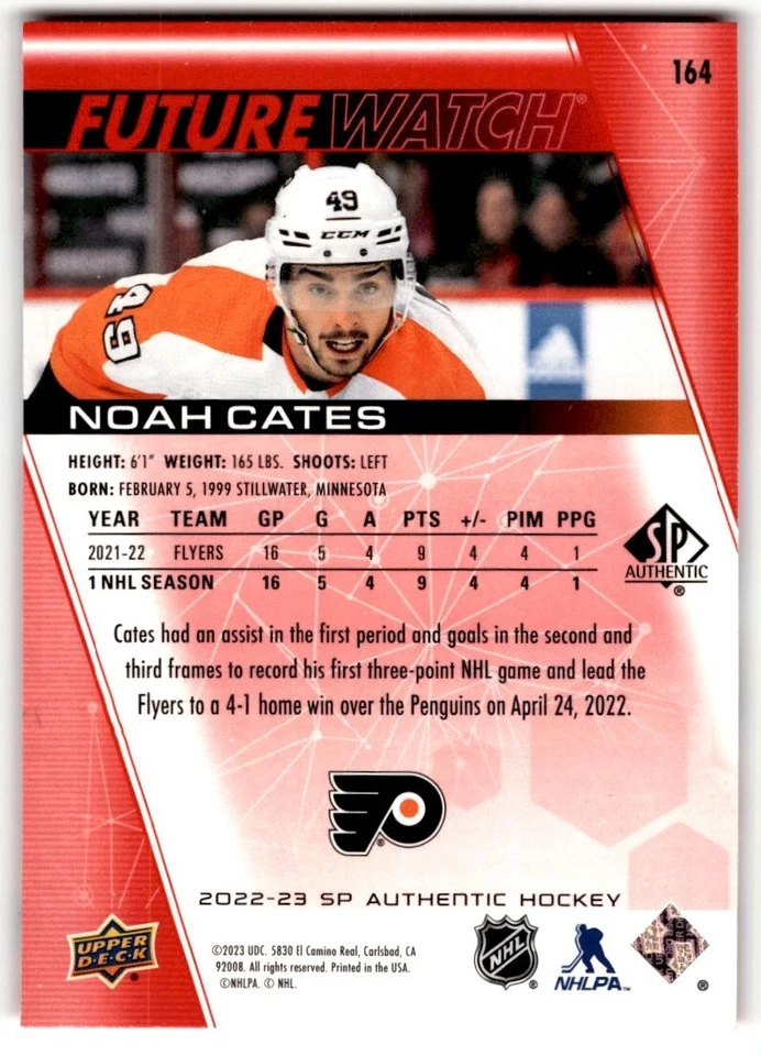 2022-23 SP Authentic Future Watch Limited Red Noah Cates Rookie #164 - Image 2 of 2