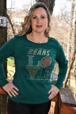 Bears Football Love rhinestone bling shirt XS S M L XL XXL 1X 2X 3X 4X 5X green