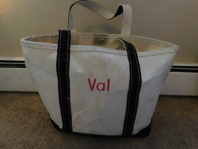 LL Bean Boat & Tote Zip Top Tote Bag Short Black Straps White Canvas Monogramed