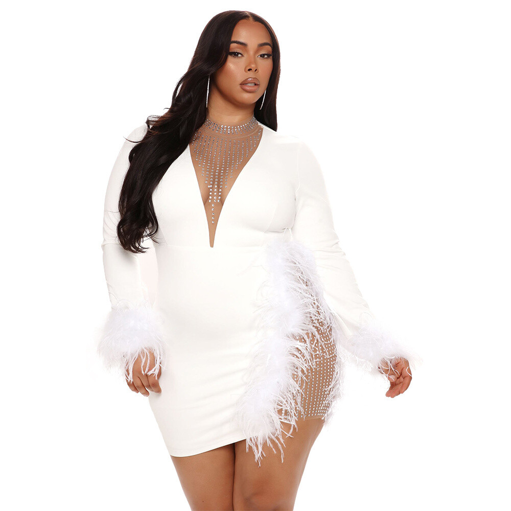Long Sleeves Feather Club Party Dress 