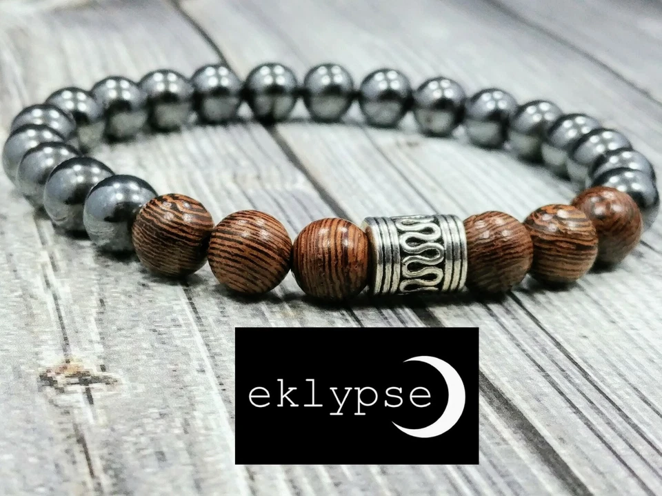 Brazalete de plata para hombre 8"L HIP 8mm madera de wengué exótica y piedras preciosas de hematita con cuentas  Foto 4 de 4