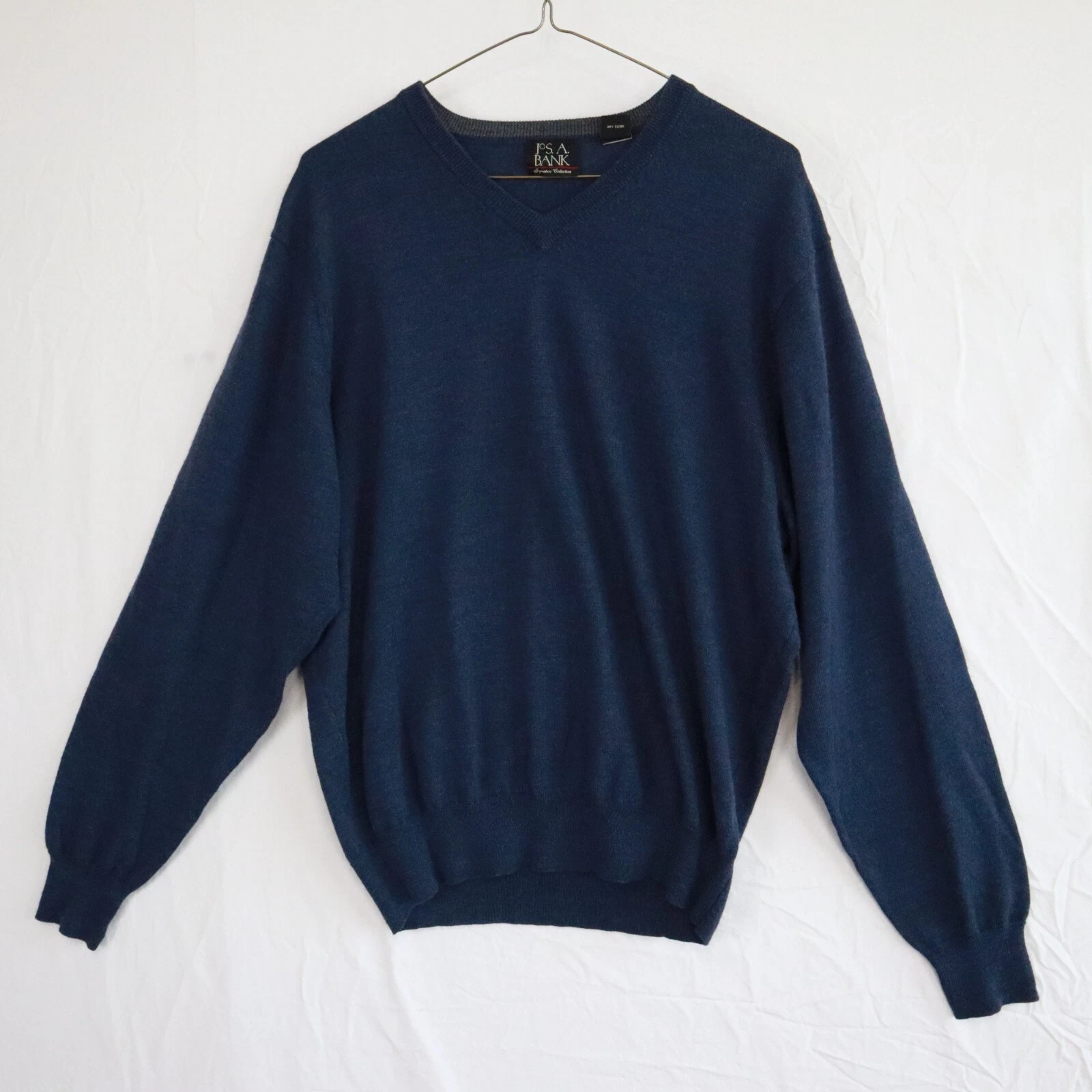 Jos A Bank Sweater Mens Medium Signature Merino Wool Pullover Knit V-Neck Blue