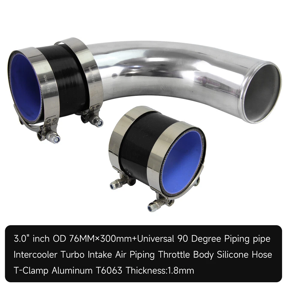 Tubo intercooler turbo de aluminio 90 grados 76 mm 3,0" + manguera de silicona + abrazadera BK Foto 2 de 4