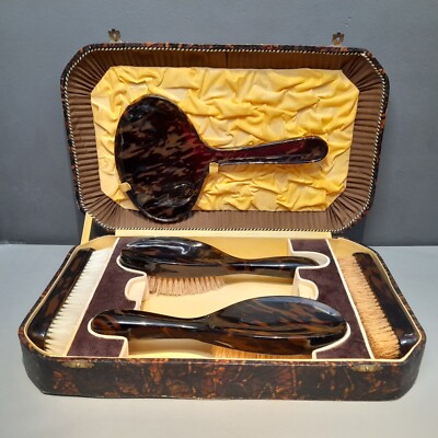 Vintage Faux Schildpatt Waschtisch Set Schein Krokodilleder Box Spiegel Bürsten