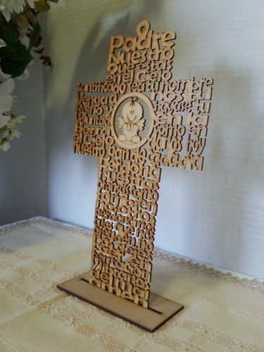 Our Father Prayer Cross w/ stand Padre Nuestro Español Angel Cutout Wood - Picture 4 of 12