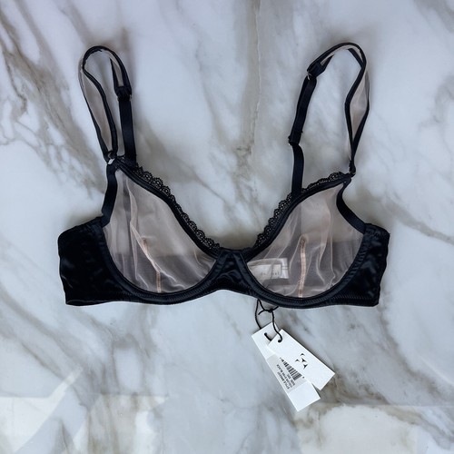 NWT Fleur du Mal Black Silk Unlined Demi Bra 32C