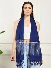 Blue Soft Rayon Scarf Women's Neck Wrap Large Scarves Hijab With Tassel Shawl