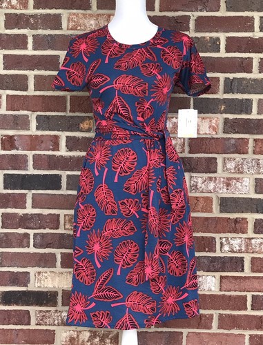 BLUE \u0026 RED LEAF PATTERN BELTED DRESS 