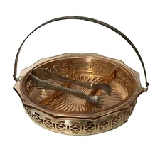 Vintage Pink Depression Glass Divided Relish Dish w/Chrome Caddy & Tongs