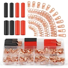 130Pcs Copper Wire Lugs AWG 2 4 6 8 10 12 Ring Terminals with Heat Shrink Tubing