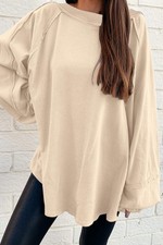 Beige Solid Color Raw Seam Patchwork Baggy Sweatshirt
