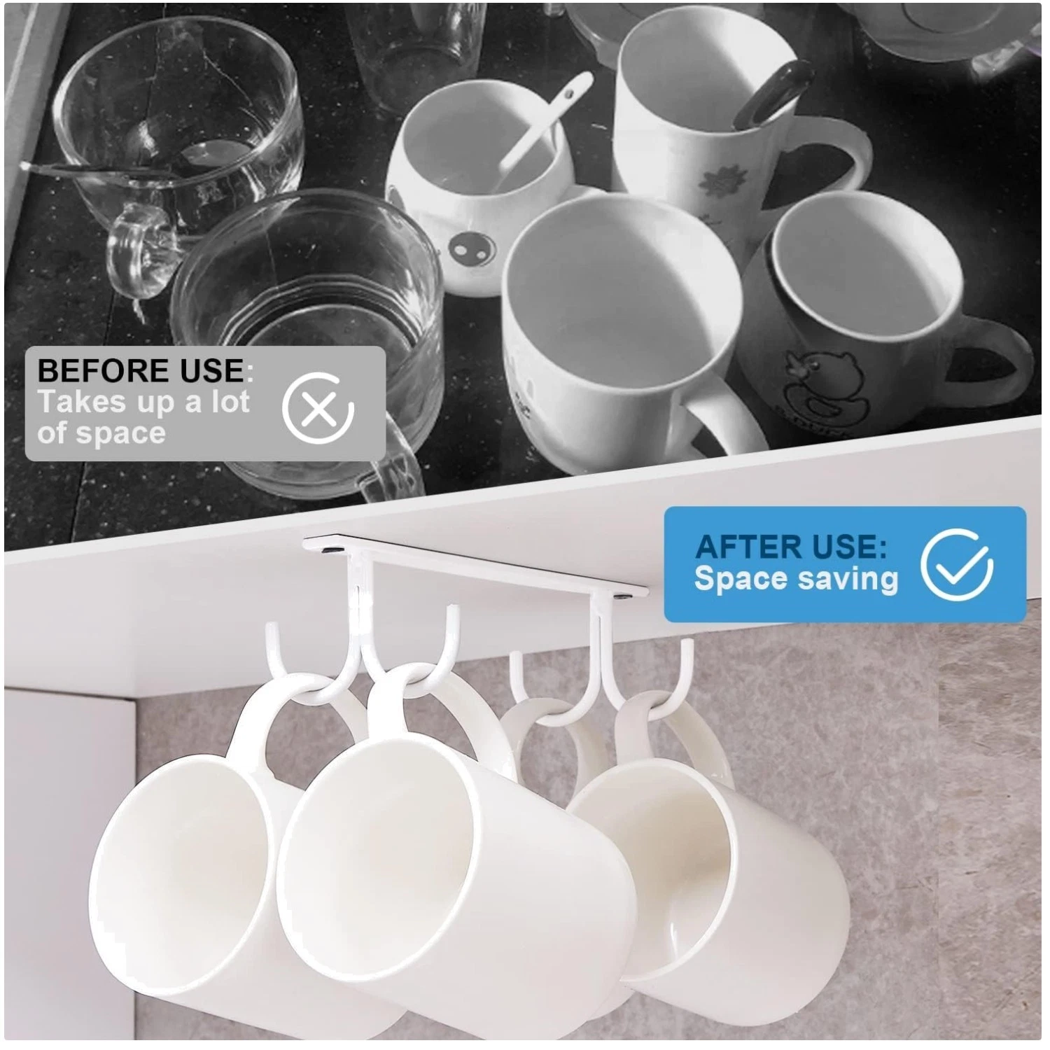 White Mug Hooks Under Shelf - Kitchen Organizer