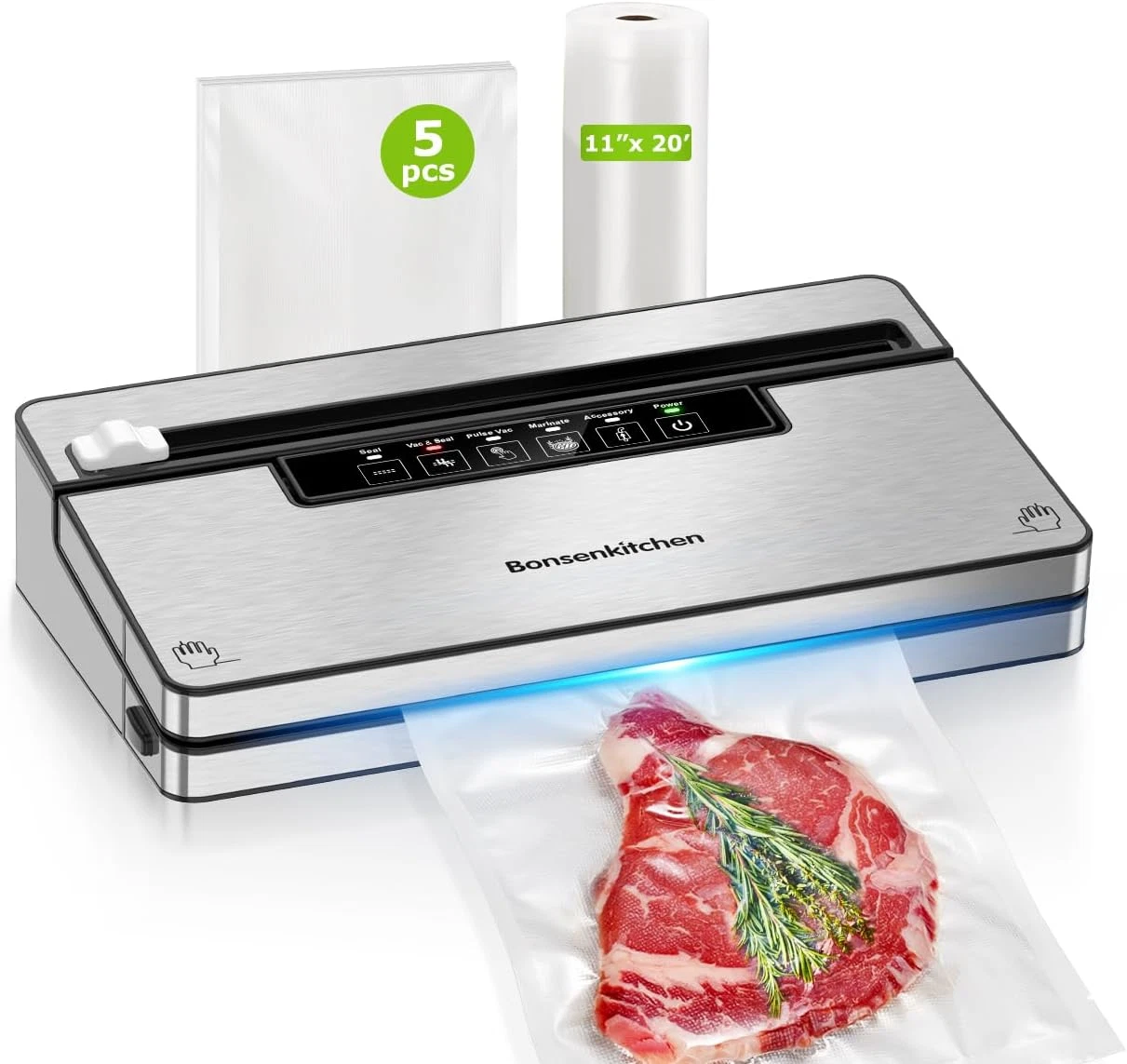 Vacuum Sealer Machine, Stainless Steel Food Sealer Vacuum Sealers with 1 Roll &