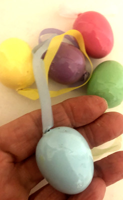 Vtg LOT of 5 Pastel EASTER EGG Hard Gloss Plastic Styrofoam Ornaments Ribbon Top