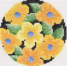 Hand painted needlepoint Small YellowFlowers 3" Round 18 mesh