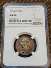 1955-D Silver Uncirculated Washington Quarter 25c NGC MS66 Toned Free Shipping