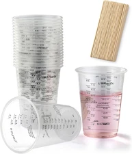 20pcs 8oz Graduated Clear Plastic Measuring Mixing Cups with 20pcs Wooden Stirri