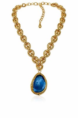 Karine Sultan 24k Gold-Plated Vivid Blue Gem Luxurious Link Necklace New