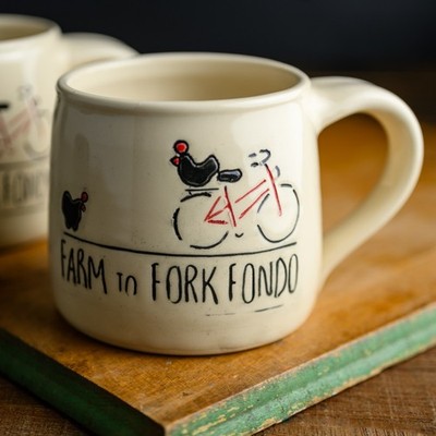(2) 2016 FARM TO FORK FONDO Handmade MUGS Bicycle w Hens Cycling Agritourism EXC