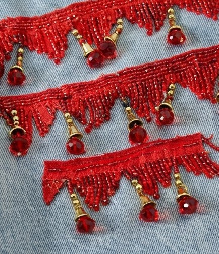 Elkass LLC Red Fringe Beaded Denim Jorts - Baggy Skater Shorts - Festival NWT