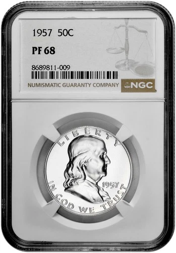 1957 50C Proof Silver Franklin Half Dollar NGC Graded PF 68 in New Holder