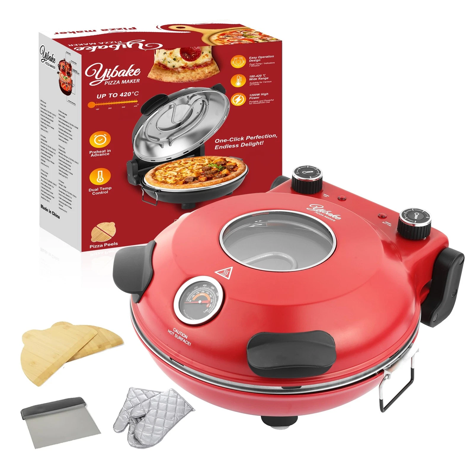 Pizza Oven Electric, 1200W Pizza Maker in 4Min Pizza, 31cm Fireproof Pizzast...