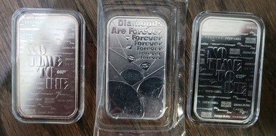 007 James Bond NO TIME TO DIE x2 DIAMONDS FOREVER x1 .9999 Silver Bars 3oz total