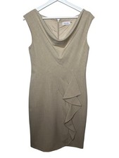 Calvin Klein Sheath Dress Women’s Size 6 Tan Sleeveless Ruffle Old Money Career