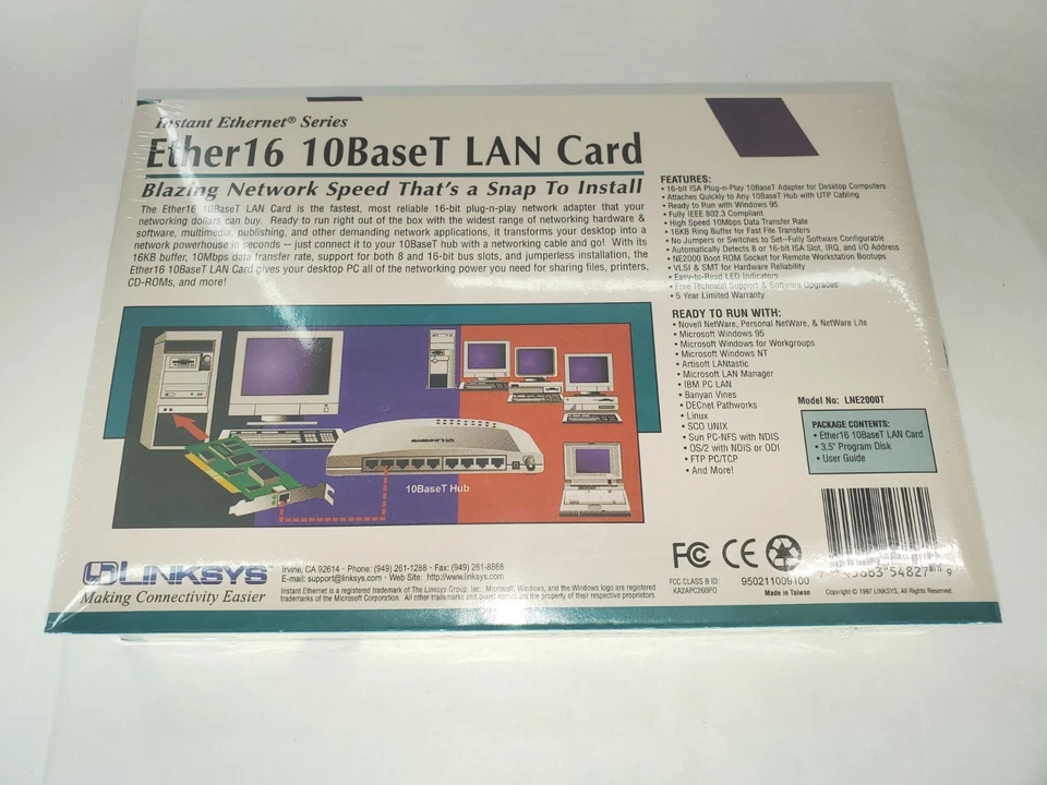 Linksys ISA NE2000 LNE2000T ETHER16 ethernet lan card NEW FACTORY BOX 10BT RJ45 - Image 4 of 4
