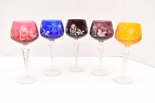 SET 5 BOHEMIAN CZECH CUT TO CLEAR CRYSTAL Hock Wine GLASSES Goblets Multicolor-