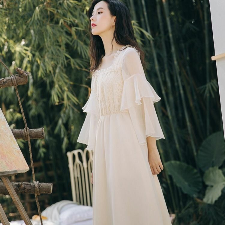 Lady Fairy Chiffon Lace Dress Square Collar Midi Cute