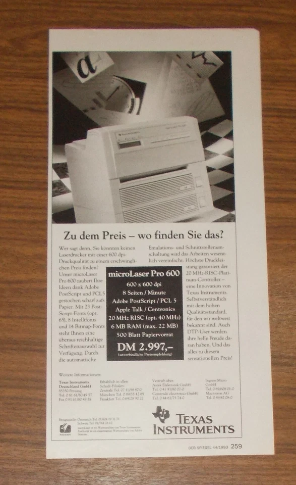 Seltene Werbung TEXAS INSTRUMENTS microLaser Pro 600 Laserdrucker 1993 - Bild 1 von 1