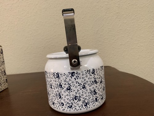 Vintage Porcelain Enamel On Steel Teakettle 1qt Floral White Blue JC Penny Japan - Picture 6 of 20