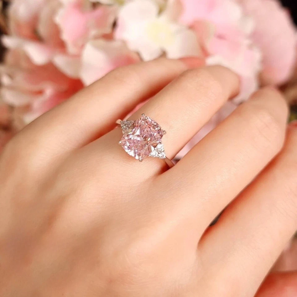 Anillo de diamantes de zafiro rosa natural corte cojín de 6,30 quilates de oro blanco de 14 quilates talla 7 Foto 4 de 4