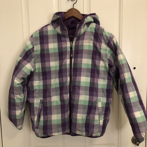 The North Face Girls Reversible Hooded Puffer Jacket Purple XL Plaid Checker - Picture 2 of 14