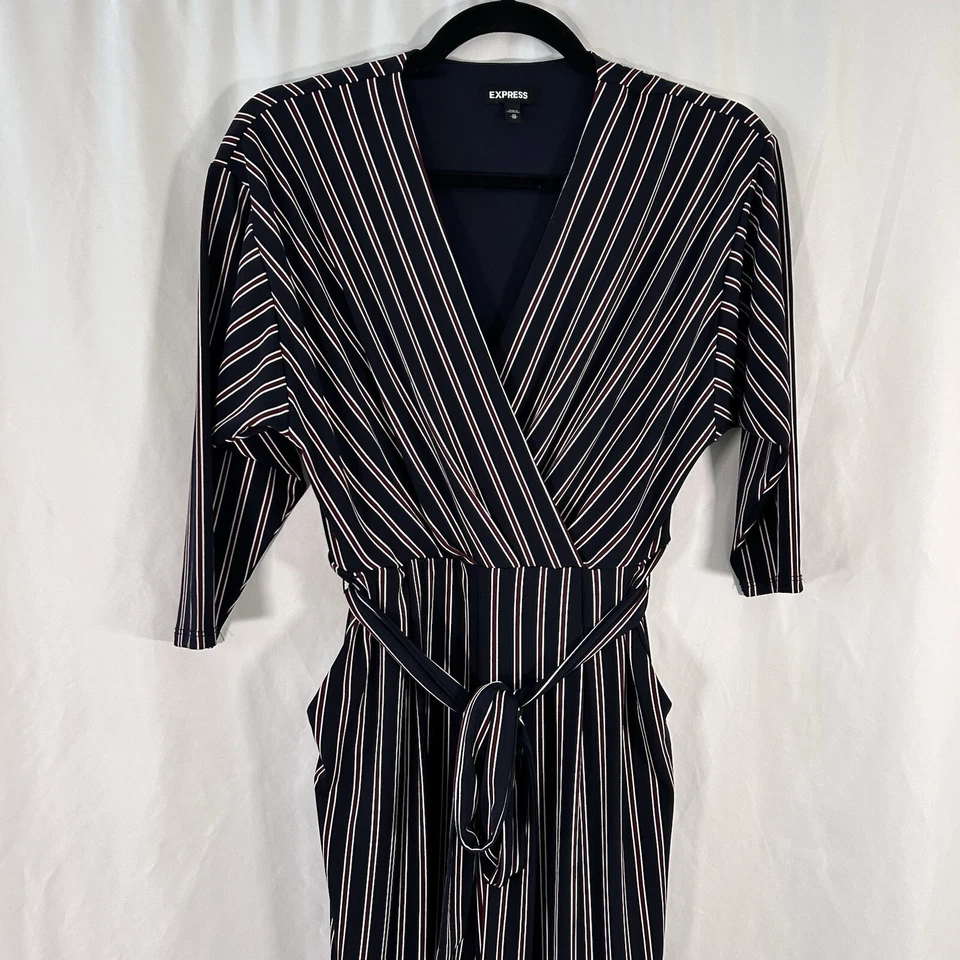 Женский комбинезон Express XS синий красный в полоску с поясом рукав 3/4 v-образным вырезом - Изображение 2 из 4