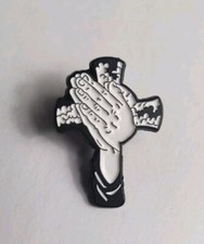 Metal Enamel Lapel Pin Pinback Black And White Jesus Christ Praying Hands Cross