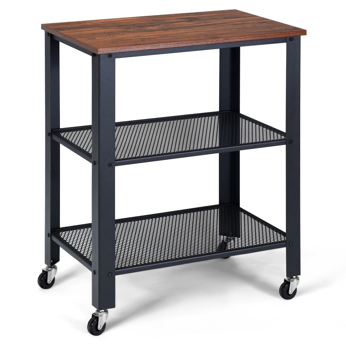 Brown JAXPETY Industrial Style 3-Tier Bar Mobile Serving Kitchen Cart with Casters Removable Tray Wood Metal Serving Trolley Dining Room Utility Cart