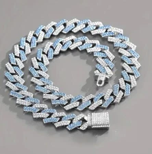 Hip Hop Miami Blue Iced Bling CZ Silver Plated Cuban Link Chain Necklace 20"